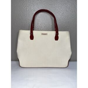 Kate Spade Vintage Canvas W/ Red Patent Leather Trim Tote Satchel Bag Italy Made